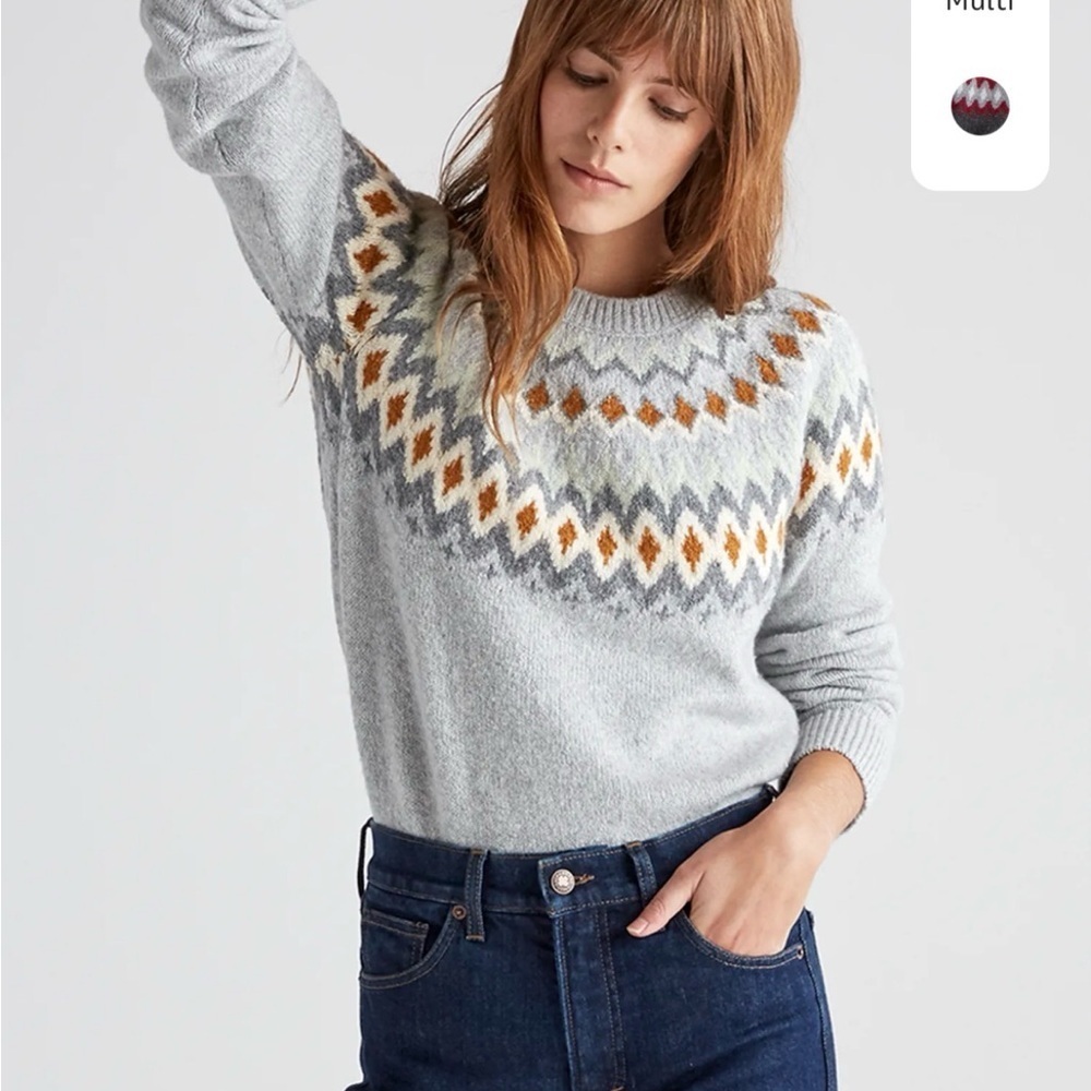 Lucky Brand Fair Isle Knit Sweater Gray Nordic Cozy Crewneck Size L
